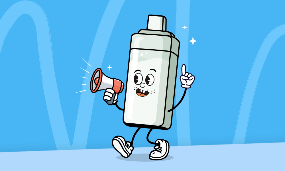 Animated walking vape device holding a speakerphone