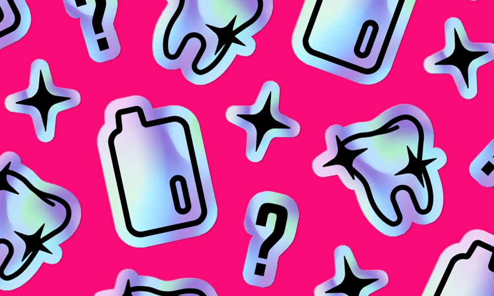 A collage of vapes, teeth and question marks